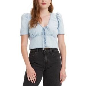 Levi's XL NWT Denim Top Tie Front Puff Sleeve Blouse Light‎ Wash Women's